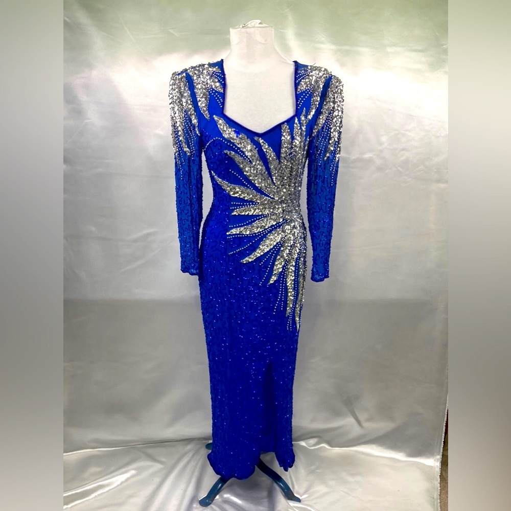 1980's Blue w/Silver Beaded Prom Formal Dress Vintage Women's Dress Small/ Med